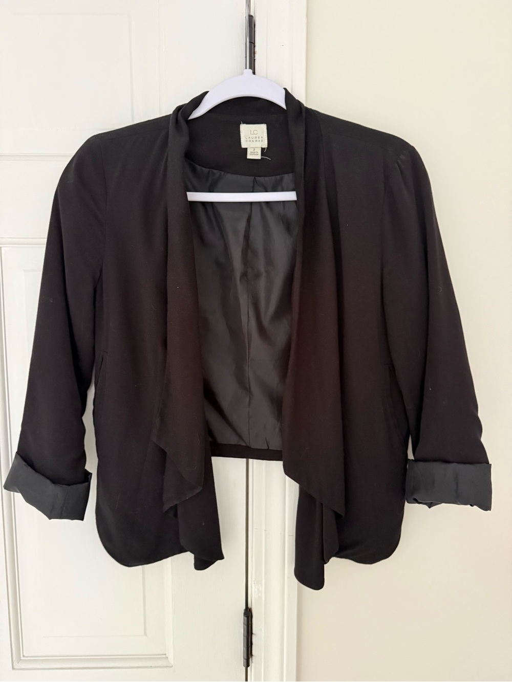 LC Lauren Conrad Black Draped Open-Front Blazer with Rolled Cuffs